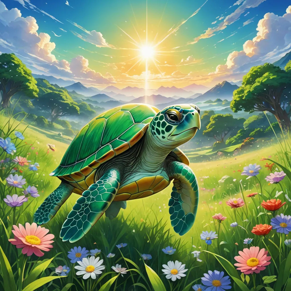 a painting of a turtle in a field of flowers with the sun in the background and a mountain range in the distance, fantasy art, an airbrush painting, Chris LaBrooy, official art