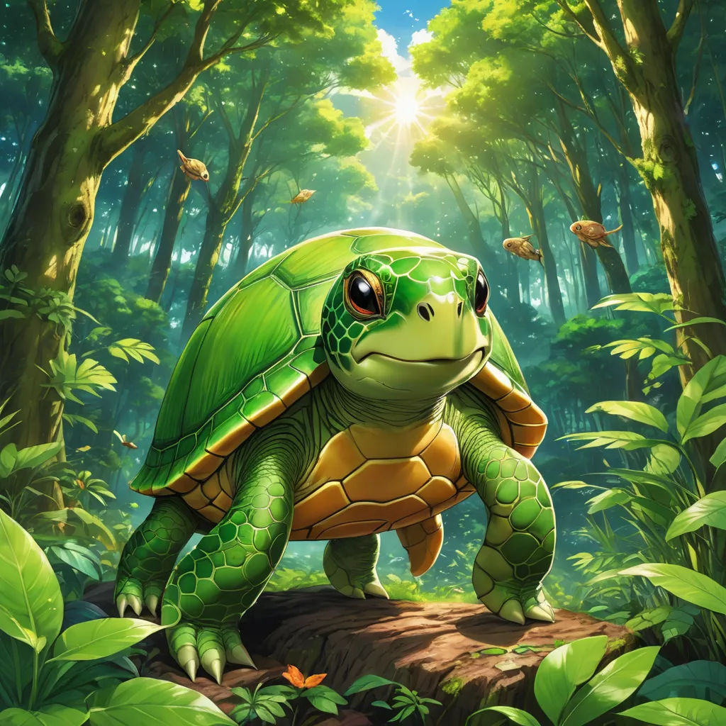 a green turtle in the middle of a forest with butterflies flying around it's head and eyes open, sots art, a digital painting, Chris LaBrooy, magic the gathering artwork