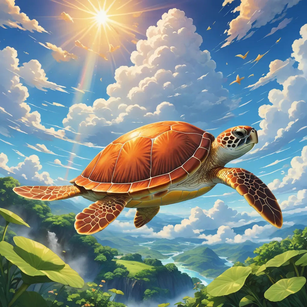 a painting of a turtle flying through the air over a lush green forest and a mountain range under a blue sky with clouds, magical realism, an airbrush painting, Chris LaBrooy, sky