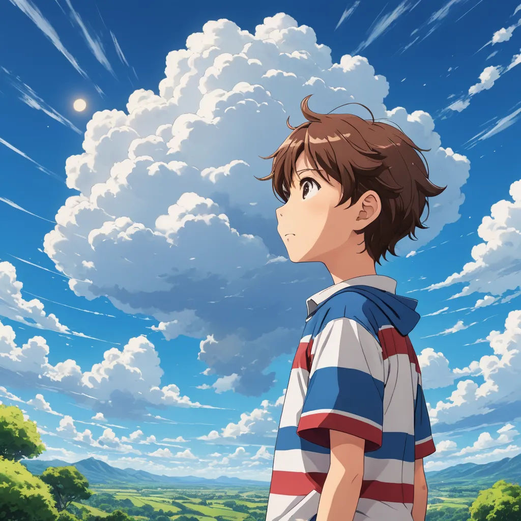 a boy standing in front of a cloudy sky with a full moon in the background and a field of grass, rayonism, poster art, Ai-Mitsu, anime key visual