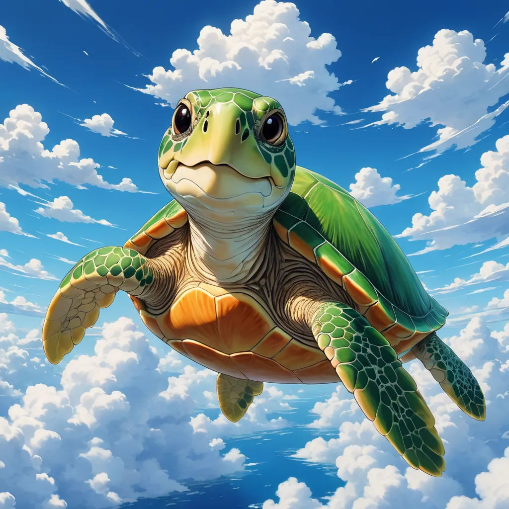 a painting of a turtle floating in the air with clouds in the background and a blue sky with white clouds, fantasy art, a digital painting, Chris LaBrooy, sky