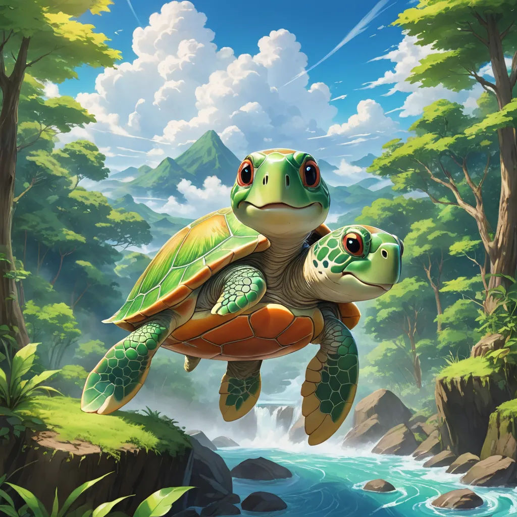 a painting of a turtle and a baby turtle in a forest with a waterfall and mountains in the background, fantasy art, concept art, Chris LaBrooy, official art