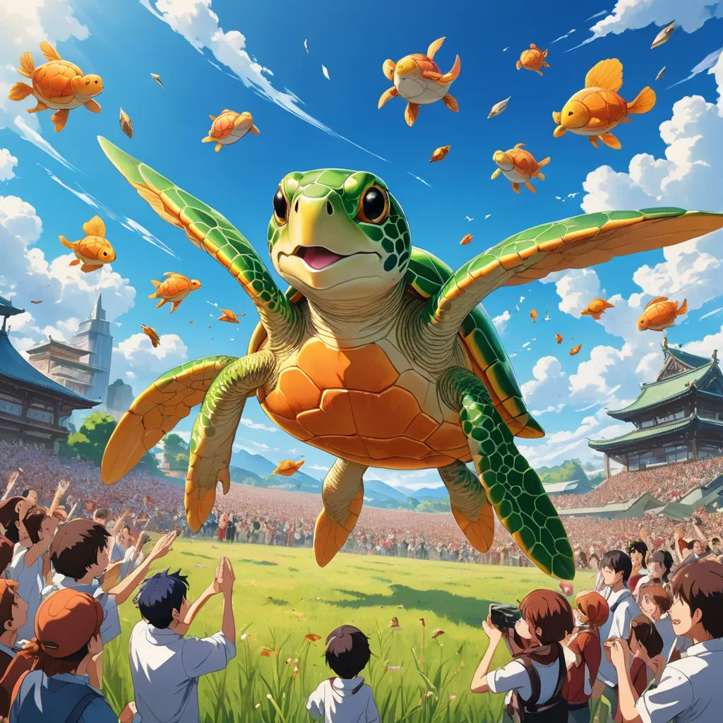 a large turtle floating over a crowd of people in a field of grass with a sky background and a building, fantasy art, a storybook illustration, Cyril Rolando, cushart krenz