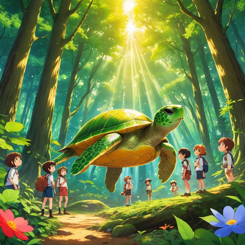 a group of children standing around a turtle in the forest with a sun shining through the trees behind them, magical realism, a storybook illustration, Eizan Kikukawa, official art