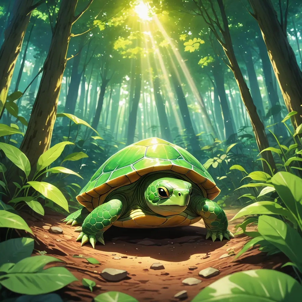 a green turtle is walking through the woods with sunlight shining through the trees behind it and a path leading to the top of the turtle, sots art, concept art, Chris LaBrooy, magic the gathering artwork