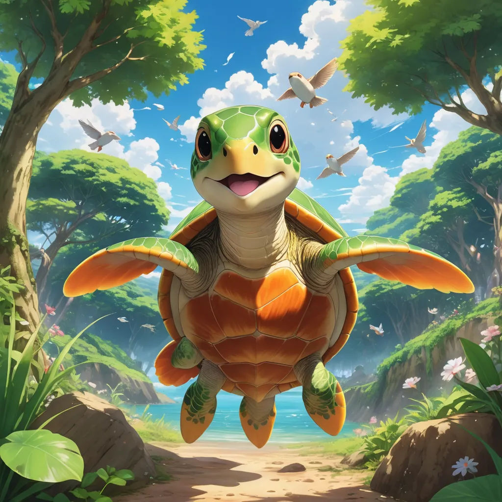 a turtle is flying through the air over a dirt road and trees with birds flying overhead in the background, sots art, concept art, Chris LaBrooy, official art