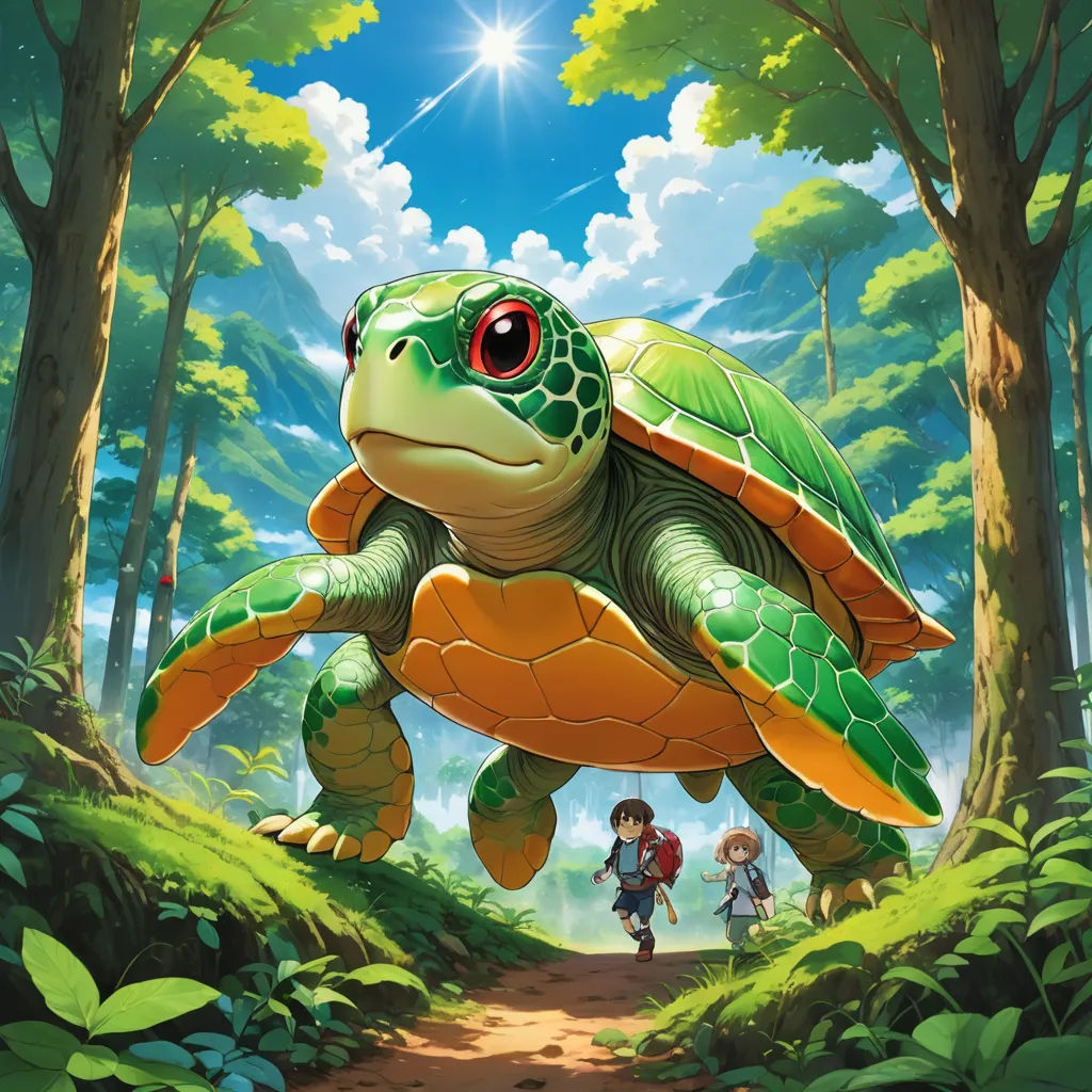 a cartoon turtle with a person walking on a path in the background and trees and grass on the ground, sots art, concept art, Chris LaBrooy, official art