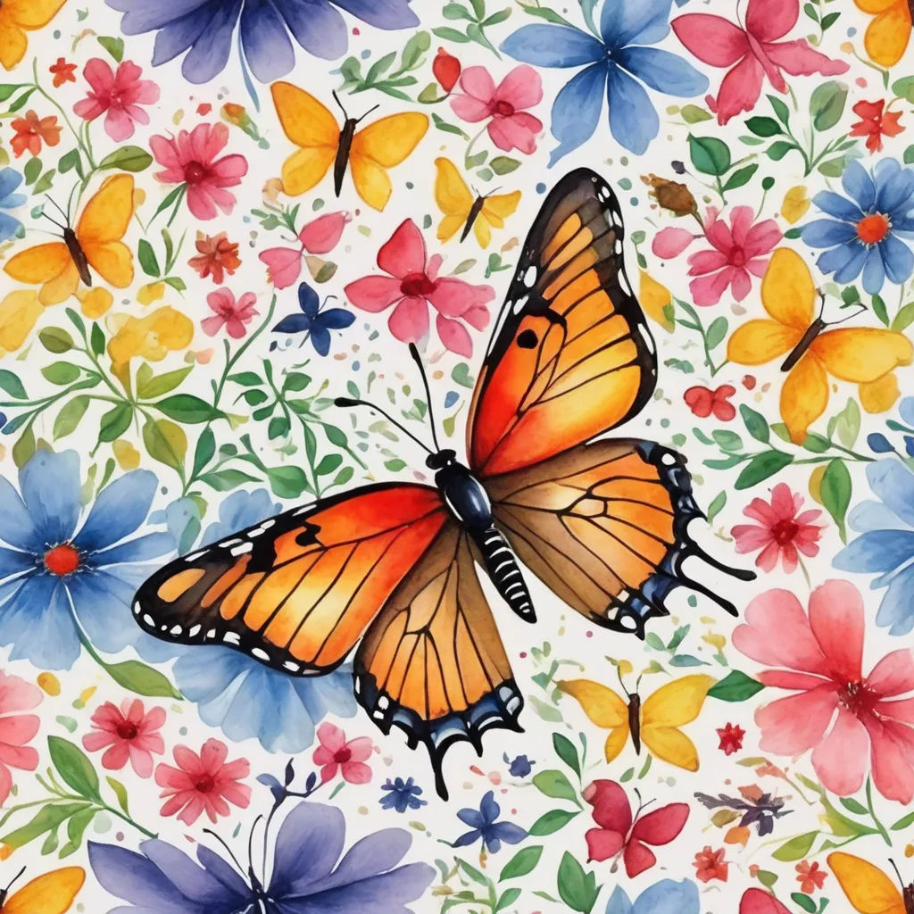 a painting of a butterfly on a flowery background with blue, yellow, and red flowers and leaves, cloisonnism, a watercolor painting, Annabel Kidston, detailed illustration