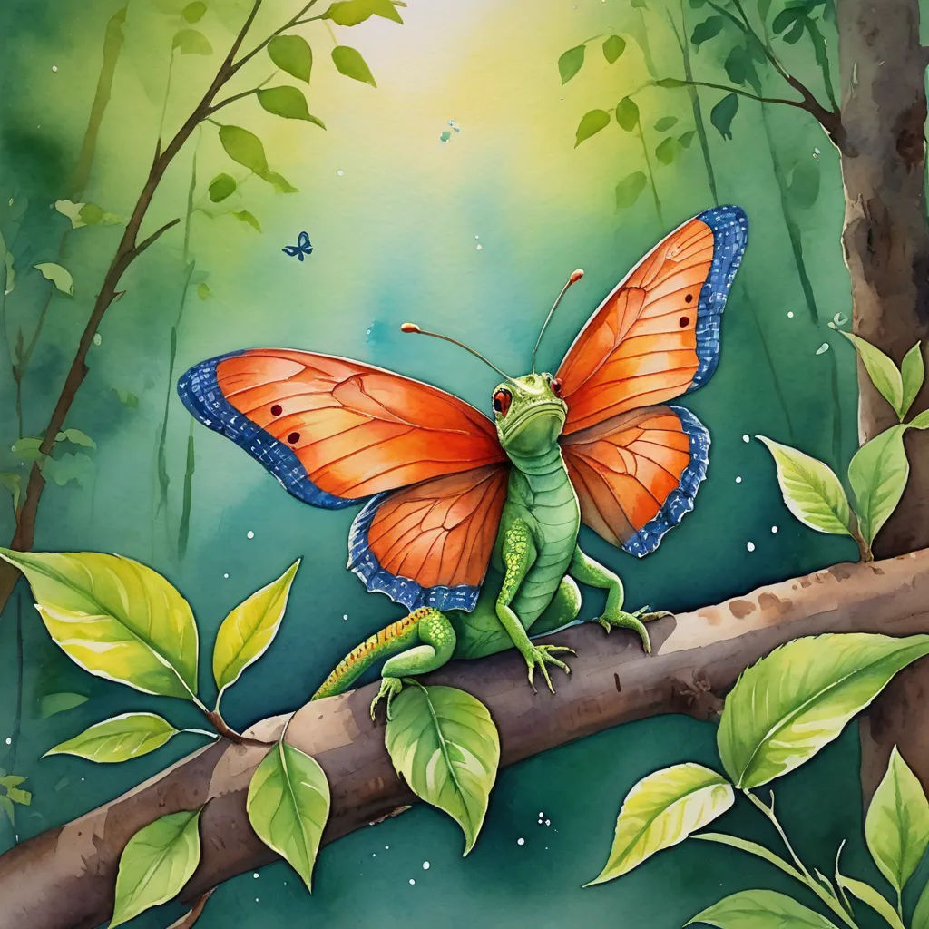 a painting of a butterfly sitting on a branch in a forest with leaves and butterflies around it, with a green background, fantasy art, a watercolor painting, Daniel Merriam, storybook illustration