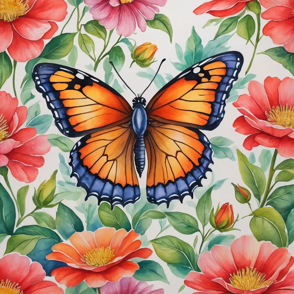 a painting of a butterfly on a flowered background with red and pink flowers and green leaves and petals, folk art, an airbrush painting, Annabel Kidston, in gouache detailed paintings