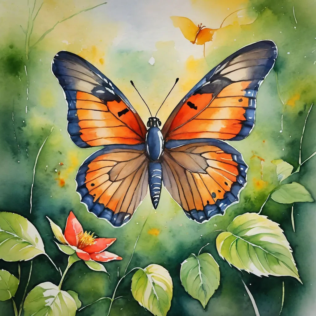 a painting of a butterfly on a flower with leaves and a butterfly flying above it, with a yellow background, cloisonnism, a watercolor painting, Carol Sutton, watercolor