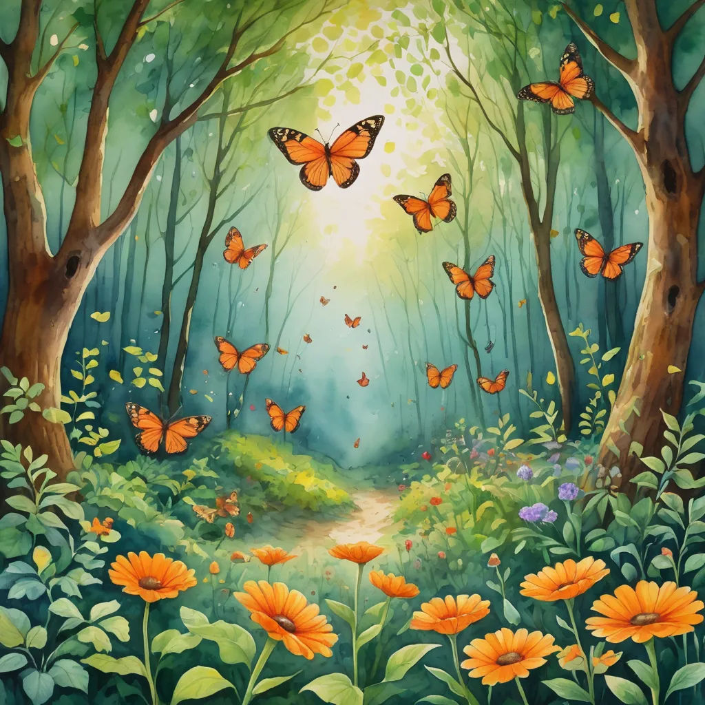 a painting of a forest with lots of butterflies flying over it and a path leading to a bright light, magic realism, a storybook illustration, Anne Stokes, nature