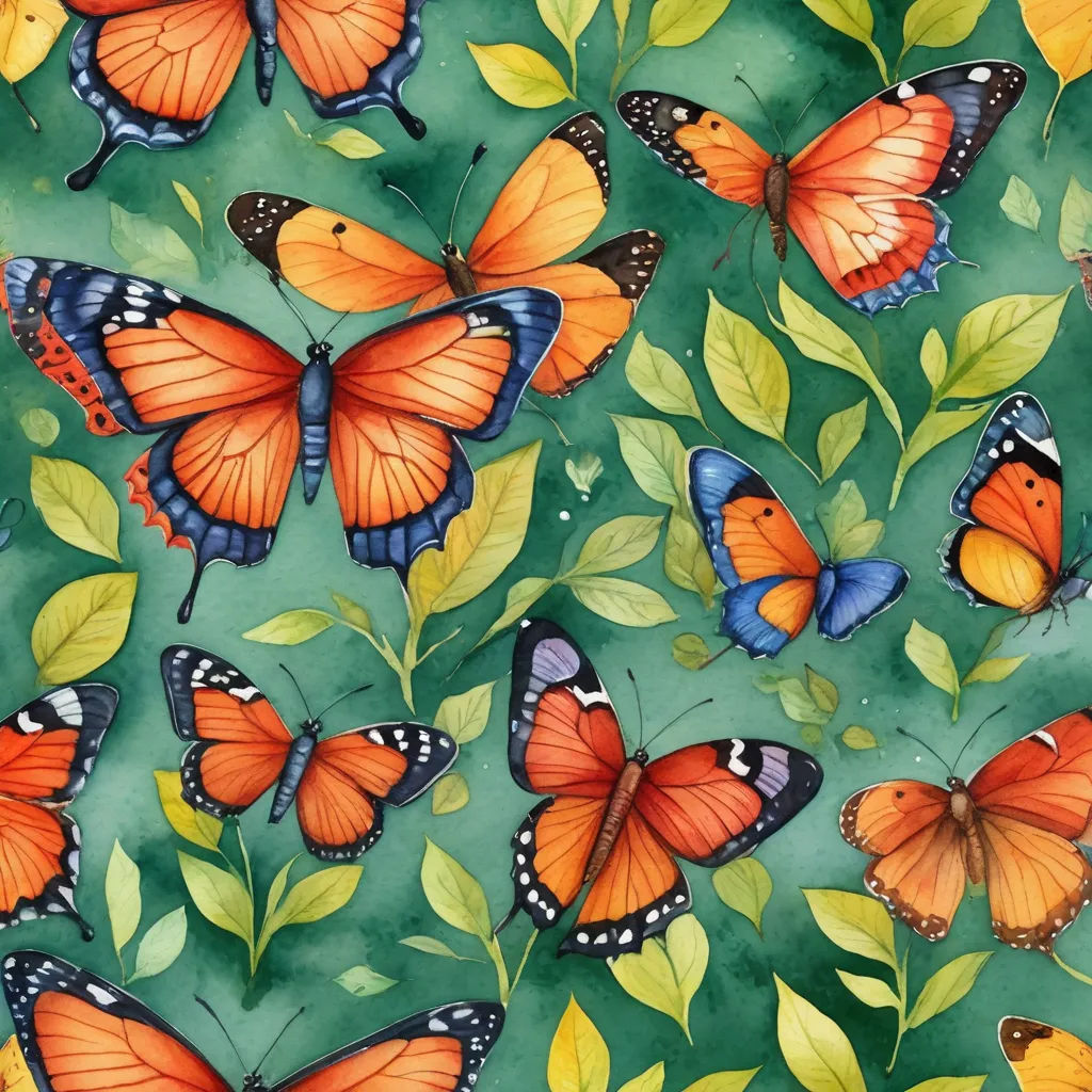 a painting of many orange butterflies on a green background with leaves and flowers in the foreground, and a third one in the background, folk art, a detailed painting, Annabel Kidston, in gouache detailed paintings