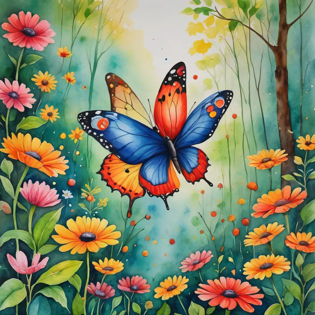 a painting of a butterfly flying over a field of flowers and trees with a blue sky in the background, cloisonnism, a watercolor painting, Annabel Kidston, whimsical