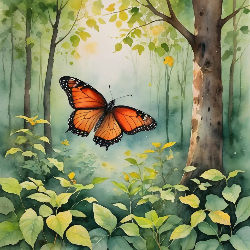a painting of a butterfly flying over a forest of leaves and trees with a bright blue sky in the background, magic realism, a watercolor painting, Carol Sutton, watercolor
