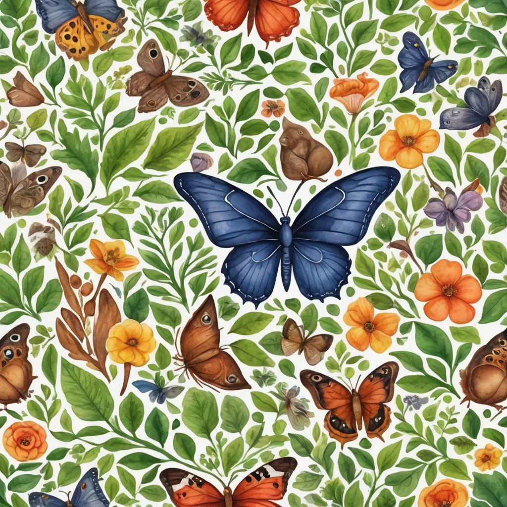 a painting of a butterfly and flowers on a white background with green leaves and orange flowers and butterflies on the bottom, arts and crafts movement, a storybook illustration, Annabel Kidston, detailed illustration