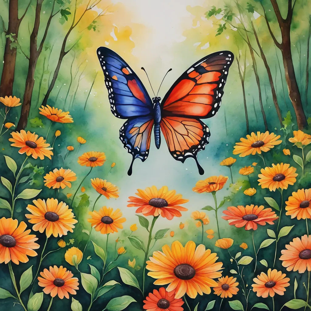 a painting of a butterfly flying over a field of flowers and trees with a bright sky in the background, metaphysical painting, an airbrush painting, Carol Sutton, detailed painting
