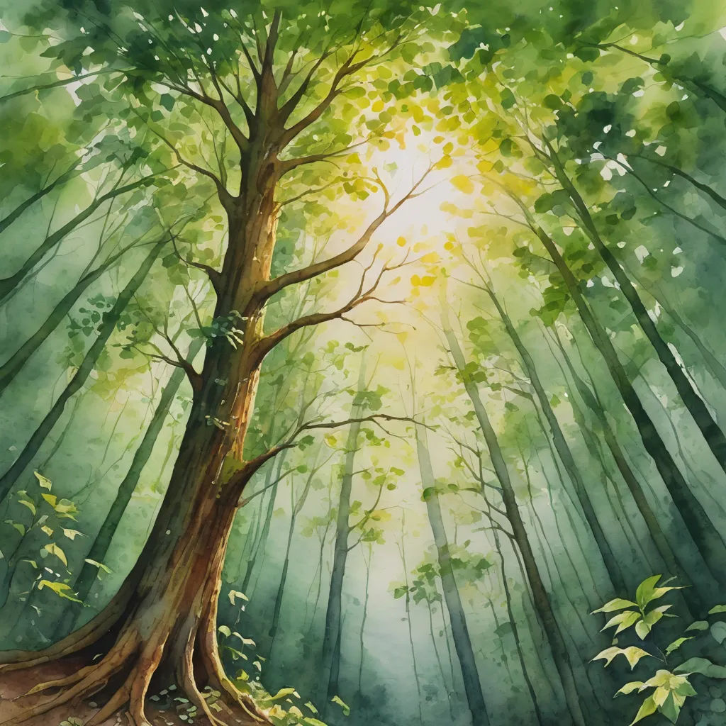 a painting of a tree with the sun shining through it's leaves and branches in the background, with a path leading to the tree, fantasy art, a watercolor painting, Choi Buk, forest
