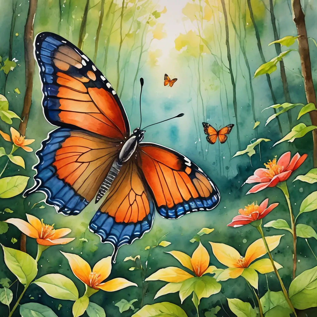a painting of a butterfly flying over a forest filled with flowers and butterflies, with a bright sun shining through the trees, magic realism, a watercolor painting, Anne Stokes, nature