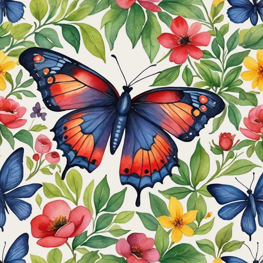 a painting of a butterfly and flowers on a white background with red, yellow, and blue colors on it, cloisonnism, a watercolor painting, Annabel Kidston, in gouache detailed paintings