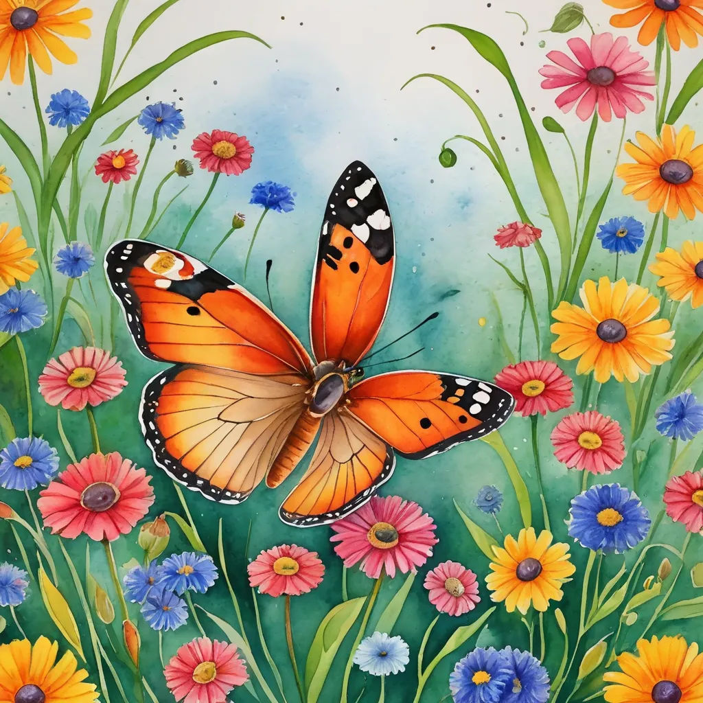 a painting of a butterfly in a field of flowers with water droplets on the wings and a blue sky behind it, naive art, an airbrush painting, Annabel Kidston, detailed painting