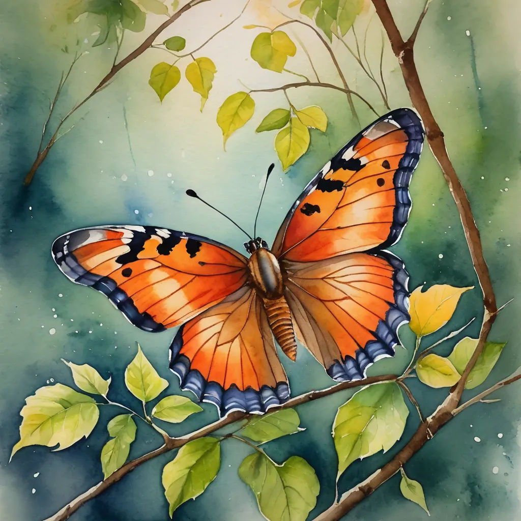 a painting of a butterfly sitting on a branch with leaves around it and a blue sky in the background, magic realism, a watercolor painting, Carol Sutton, watercolor