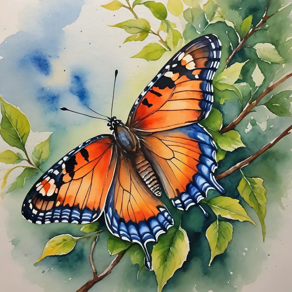a painting of a butterfly on a branch with leaves and watercolor paint on paper by artist mark adkins, cloisonnism, a watercolor painting, Alison Kinnaird, watercolor