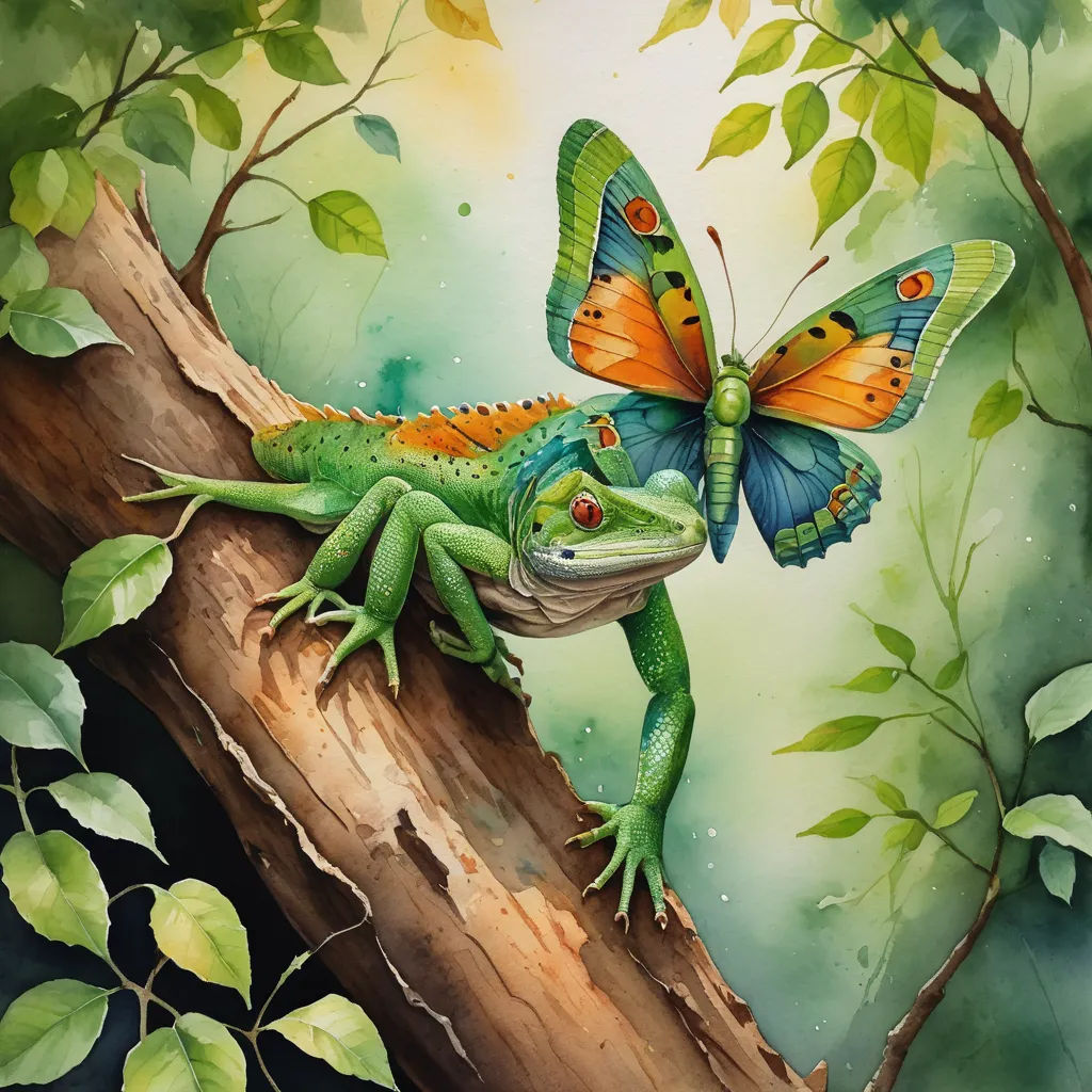 a painting of a lizard and a butterfly on a branch with leaves and watercolors on the background, magic realism, a watercolor painting, Daniel Merriam, in gouache detailed paintings