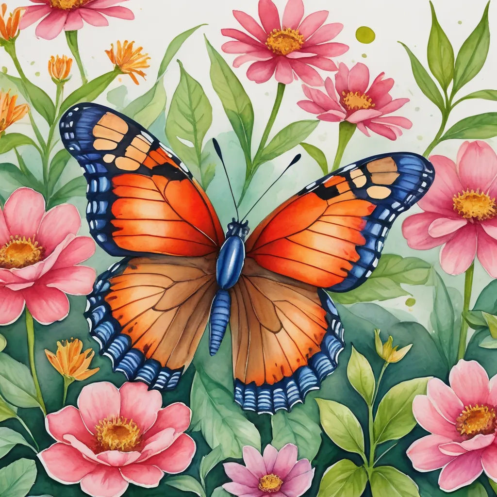 a painting of a butterfly on a flowery branch with pink flowers and green leaves and pink daisies, folk art, a watercolor painting, Claire Hummel, in gouache detailed paintings