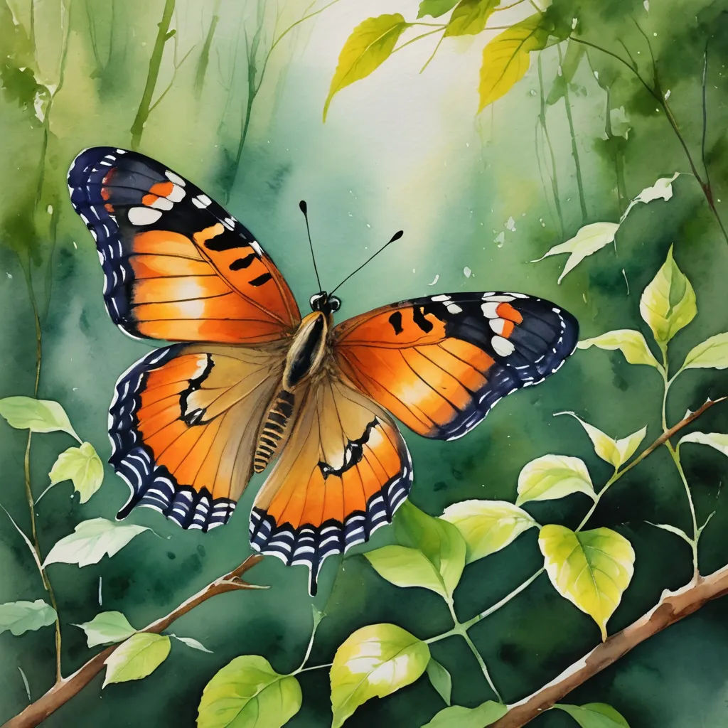 a painting of a butterfly on a branch with leaves around it and a green background with leaves and branches, cloisonnism, a watercolor painting, Carol Sutton, watercolor