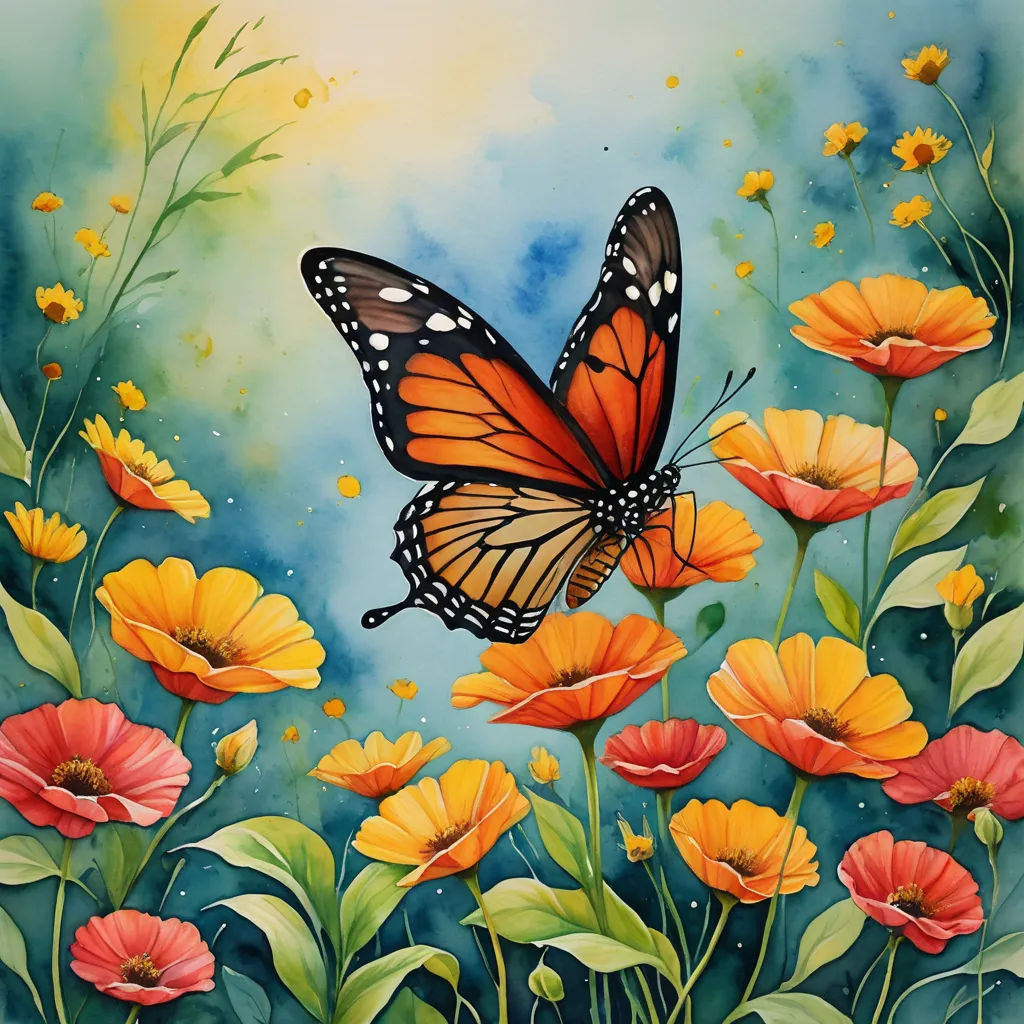 a painting of a butterfly flying over a field of flowers with yellow and red flowers in the foreground, metaphysical painting, a watercolor painting, Carol Sutton, detailed painting