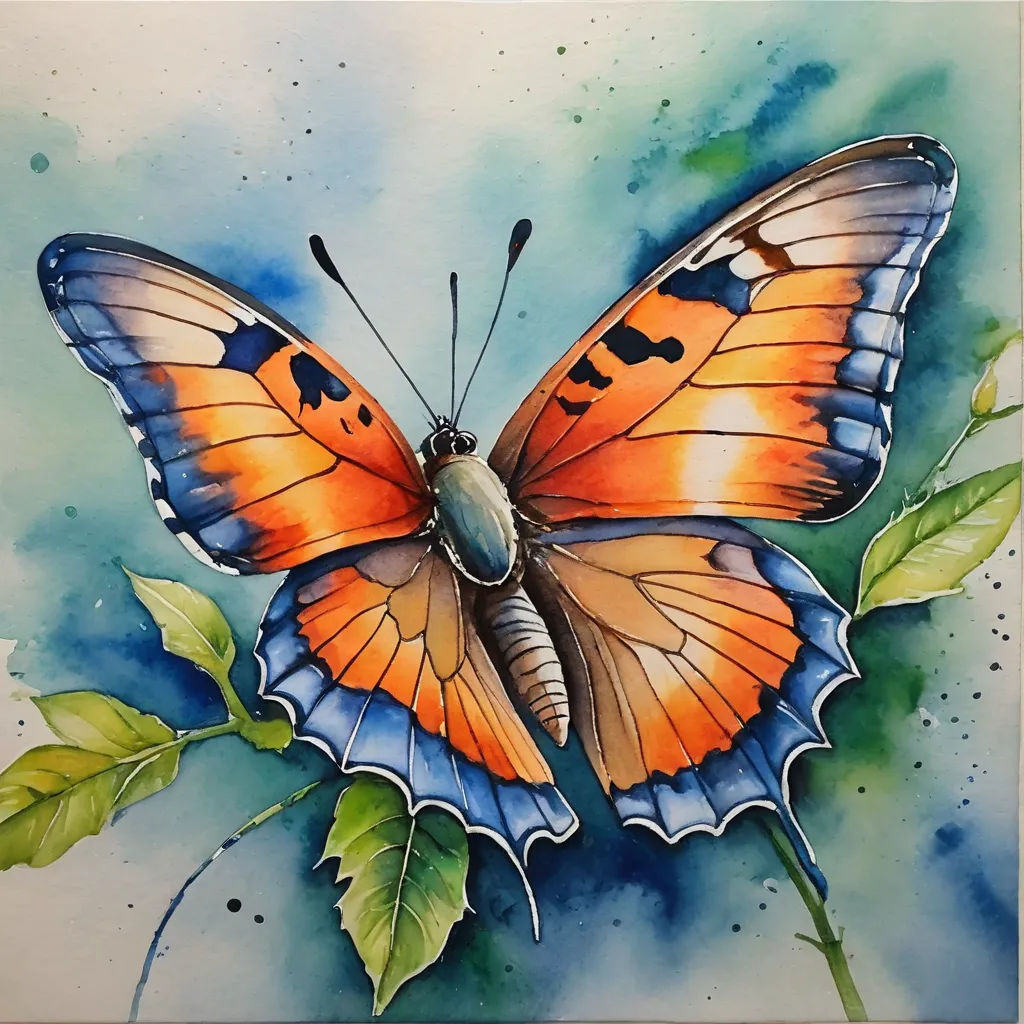 a painting of a butterfly on a leafy branch with watercolor paint on it's wings and wings, cloisonnism, a watercolor painting, Claire Dalby, watercolor