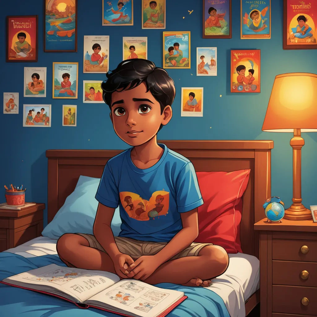 a boy sitting on a bed reading a book in a bedroom with pictures on the wall behind him and a lamp on the nightstand, magical realism, a storybook illustration, Anthony Devas, storybook illustration