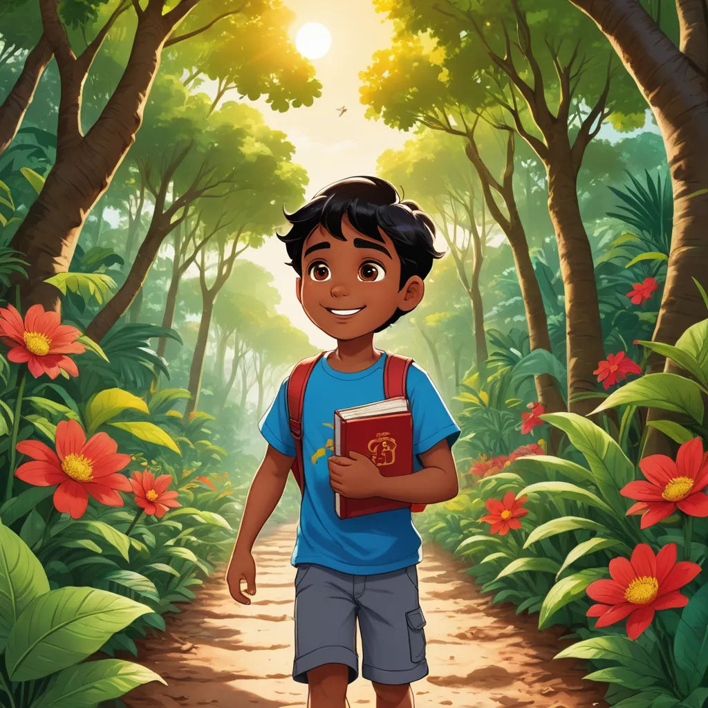 a boy is walking through a forest with a book in his hand and a book in his hand, with the sun shining through the trees, samikshavad, a storybook illustration, Anthony Devas, official art