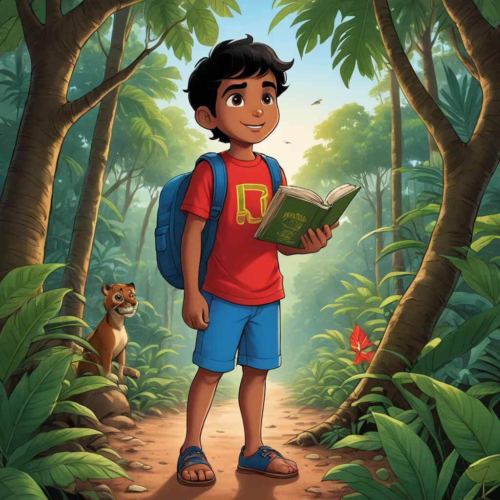 a boy is standing in the jungle reading a book with a monkey nearby him and a monkey behind him, samikshavad, a storybook illustration, Anthony Devas, promotional image