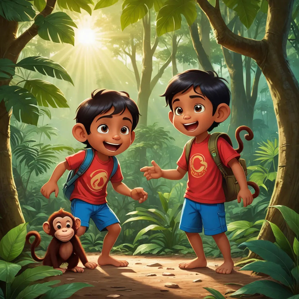two young boys are walking through the jungle with a monkey on his back and a monkey on his shoulder, primitivism, concept art, Chris LaBrooy, promotional image