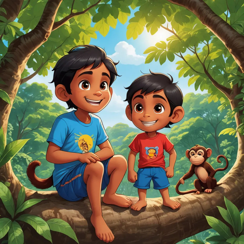 a boy and a boy sitting on a tree branch in the jungle with a monkey on the branch behind them, samikshavad, a storybook illustration, Fathi Hassan, promotional image