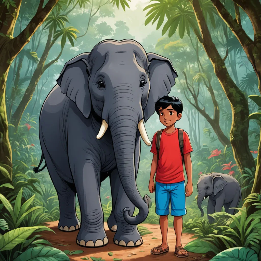 a boy standing in front of an elephant in a jungle with other elephants in the background and a jungle scene, samikshavad, a storybook illustration, Anthony Devas, promotional image