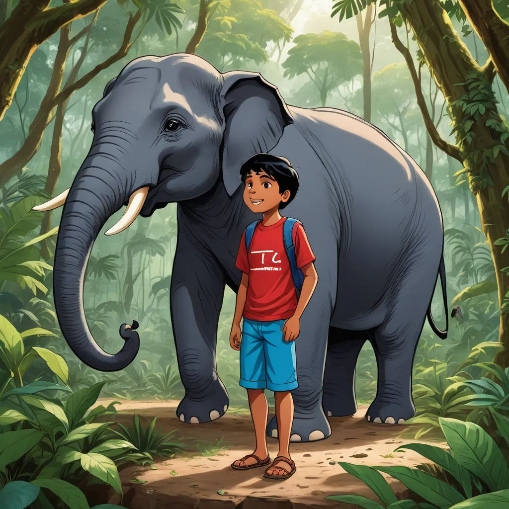 a boy standing next to an elephant in a jungle setting with trees and plants around him and a jungle background, samikshavad, a storybook illustration, Anthony Devas, promotional image