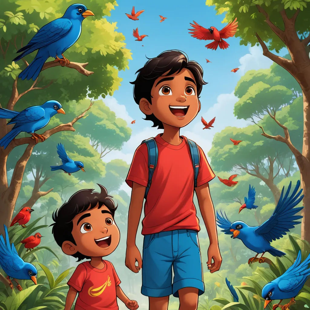a boy and a boy are standing in the woods with birds flying around them and a bird is flying around him, samikshavad, a storybook illustration, Cliff Childs, promotional image