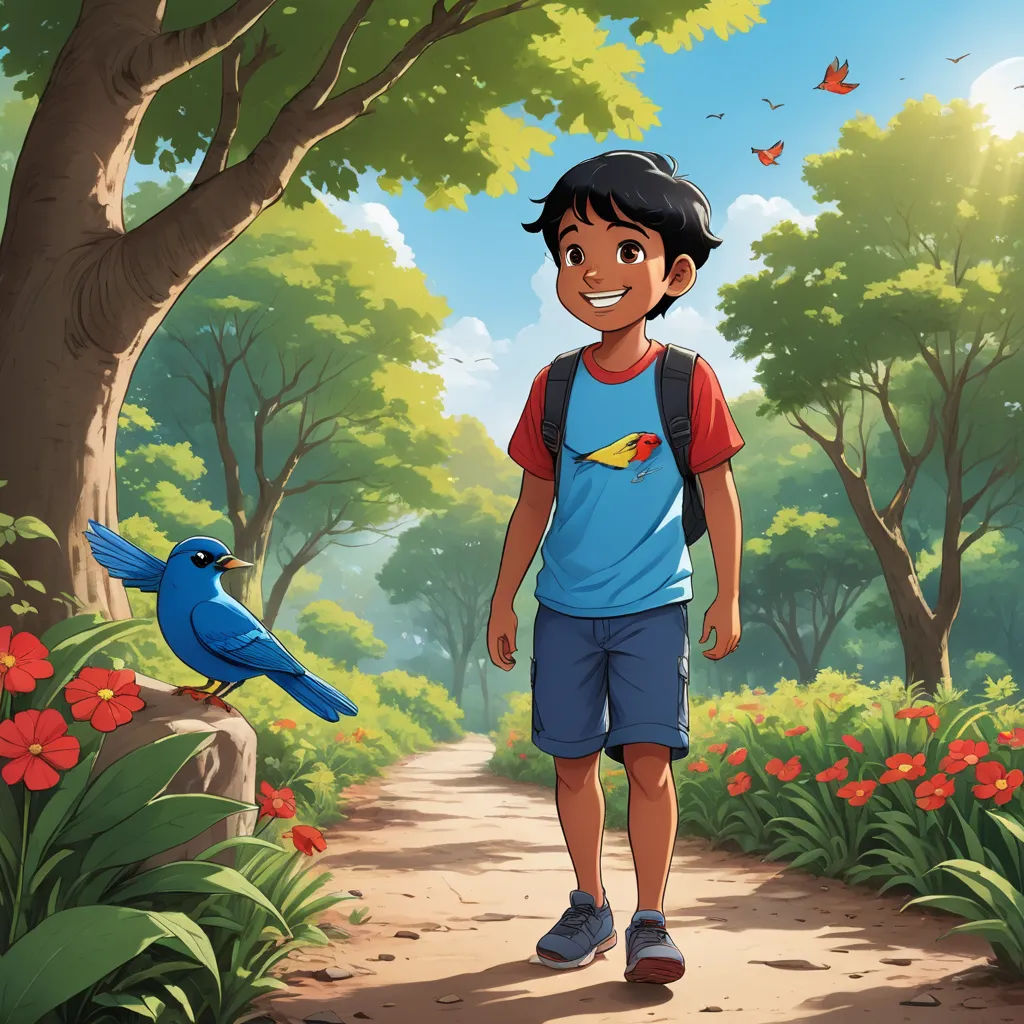 a boy walking down a path in a forest with a bird on his shoulder and a blue bird on his shoulder, samikshavad, a storybook illustration, Eddie Mendoza, promotional image
