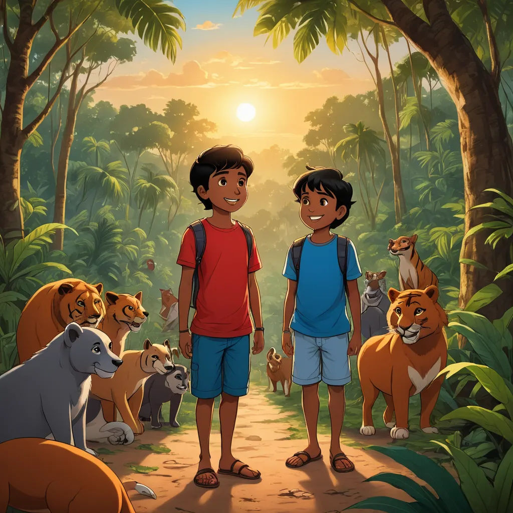 a boy and a boy standing in the jungle with animals around him and a sun setting behind them,, samikshavad, a storybook illustration, Anthony Devas, promotional image
