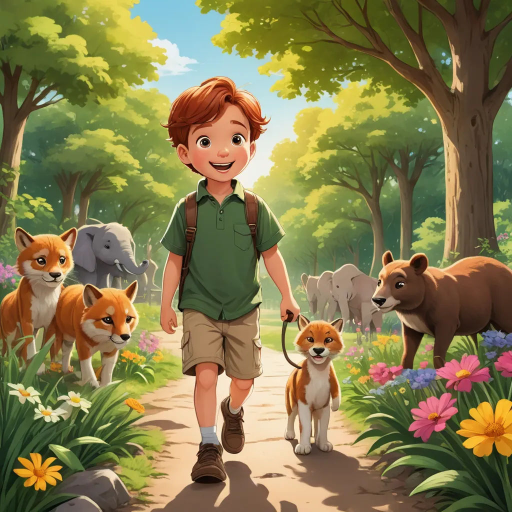 a boy walking with two dogs in a forest with other animals behind him and a forest background with flowers, furry art, a storybook illustration, Aaron Jasinski, official art