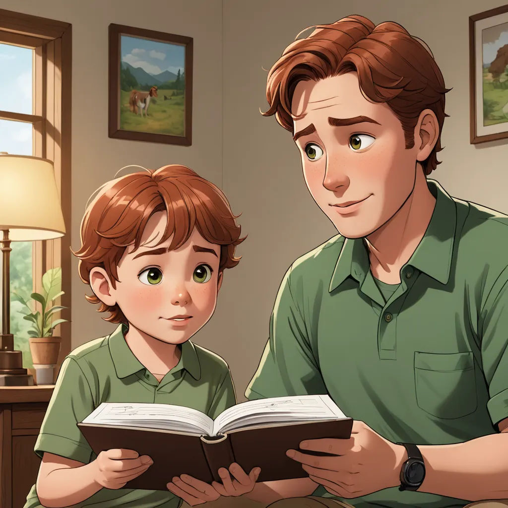 a man and a boy are reading a book together in a living room with a lamp on the table, sots art, a storybook illustration, Brothers Hildebrandt, storybook illustration