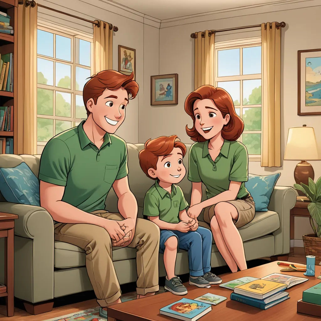 a family sitting on a couch in a living room with a bookcase and a window behind them and a painting of a man, woman, a boy, a woman, and a boy, and a, american scene painting, a storybook illustration, disney, official art