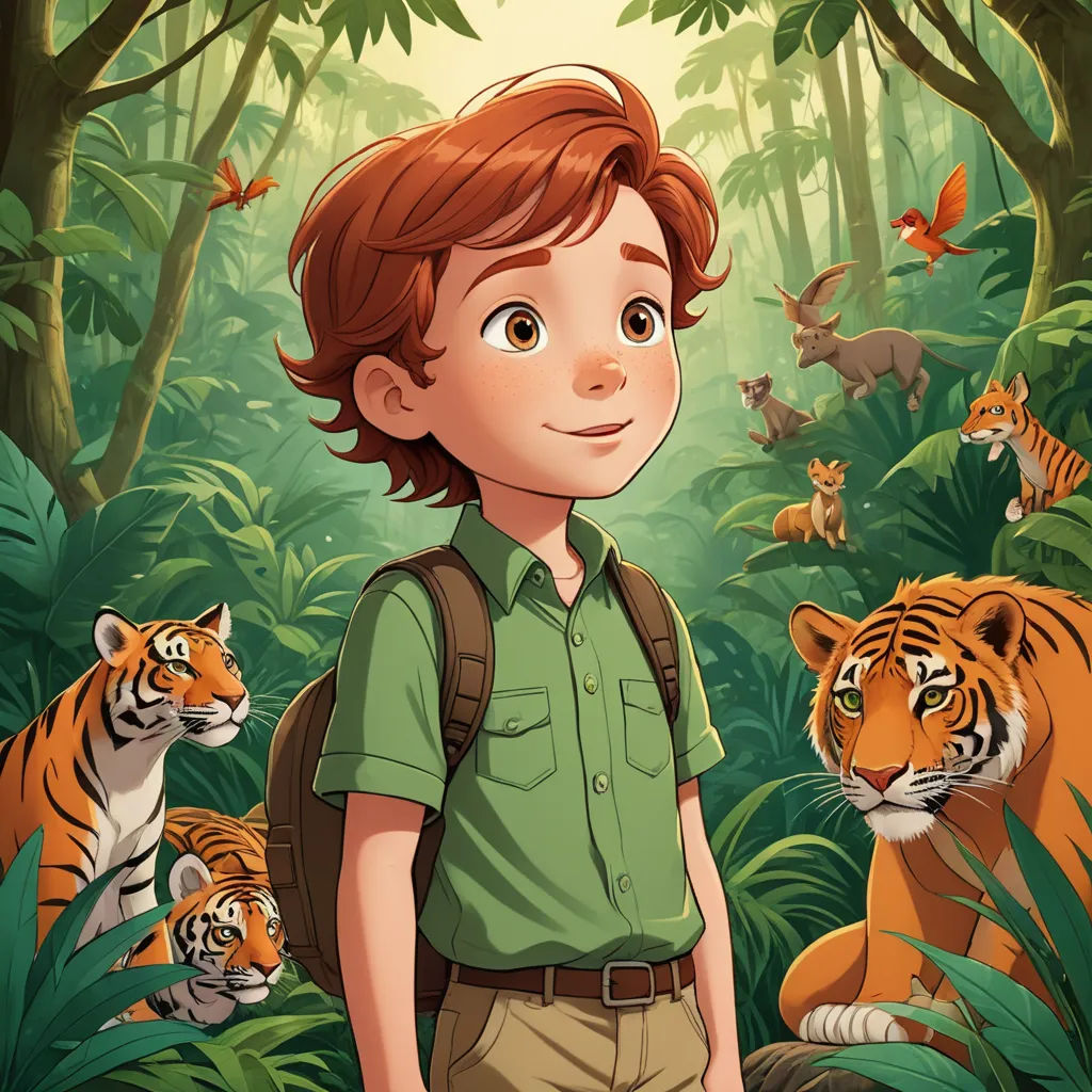 a boy in a green shirt and some tigers in the jungle with a boy in a green shirt and some tigers, furry art, a storybook illustration, Cliff Childs, comic cover art