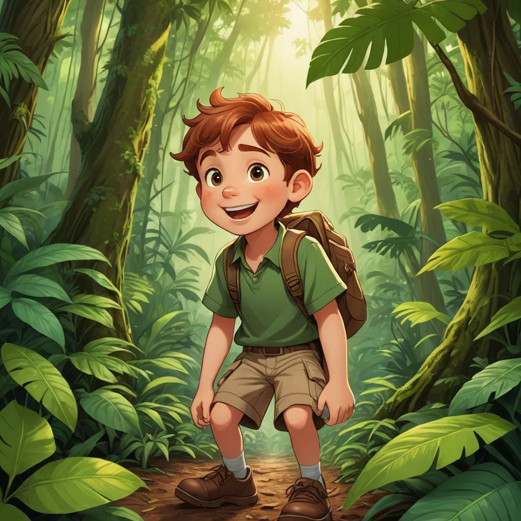 a boy in the jungle with a backpack on his back and a smile on his face, standing in the middle of a path, sots art, a storybook illustration, Diego Gisbert Llorens, official art