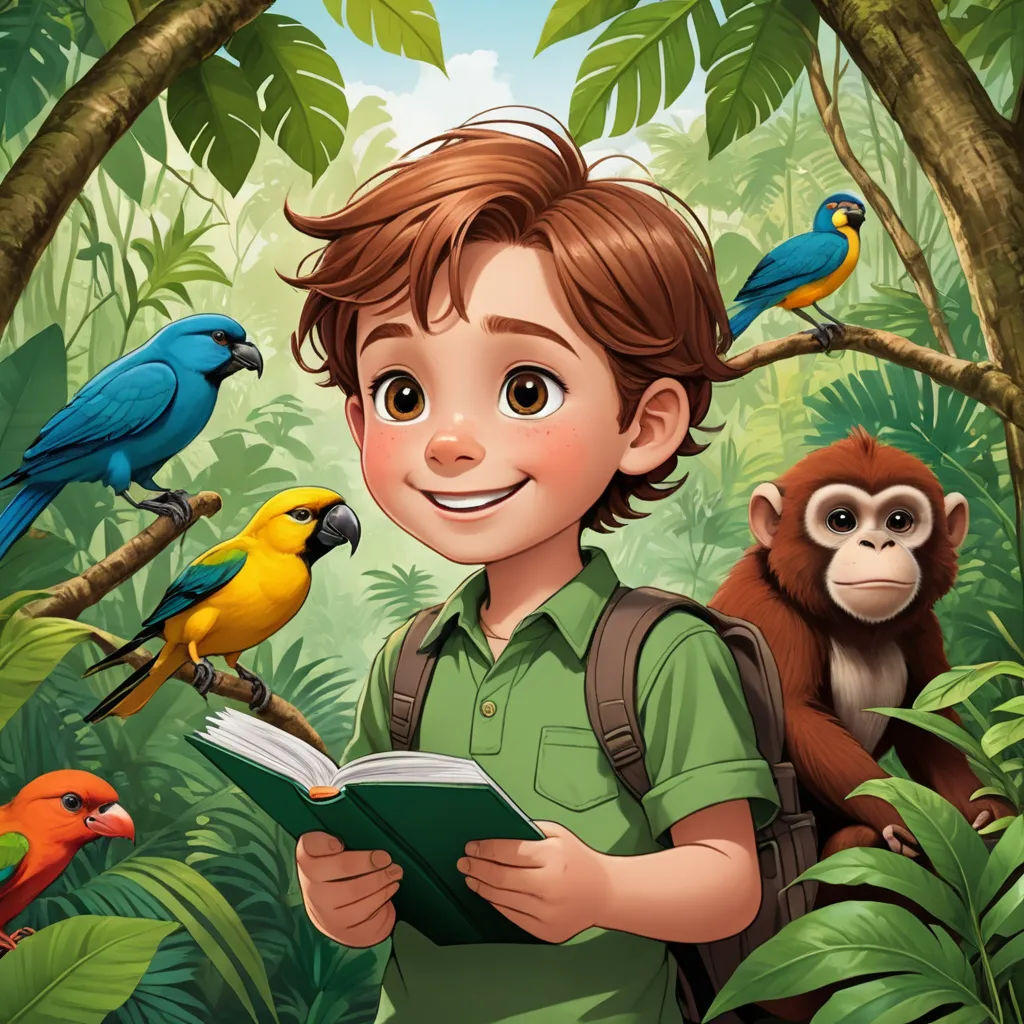 a boy reading a book in the jungle with monkeys and macaws around him illustration by alex macaroni, lyco art, a storybook illustration, Diego Gisbert Llorens, storybook illustration