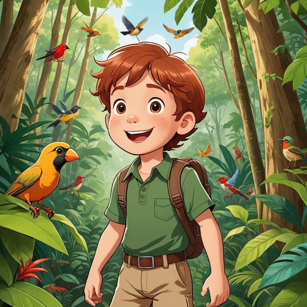 a boy in a green shirt and a bird in the forest with trees and plants behind him and a bird on his head, primitivism, a character portrait, Adam Rex, promotional image