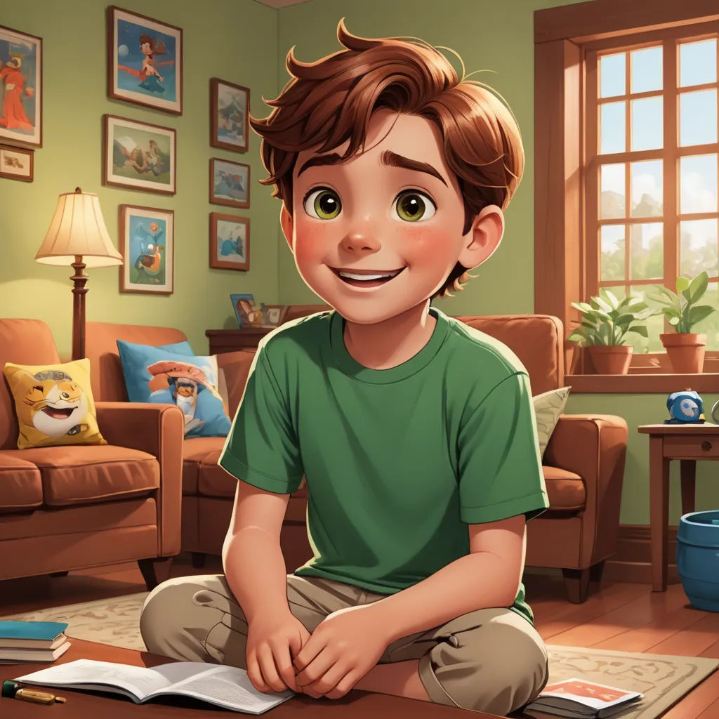a boy sitting on the floor in front of a book and a lamp in a living room with a couch, american scene painting, a storybook illustration, Diego Gisbert Llorens, storybook illustration